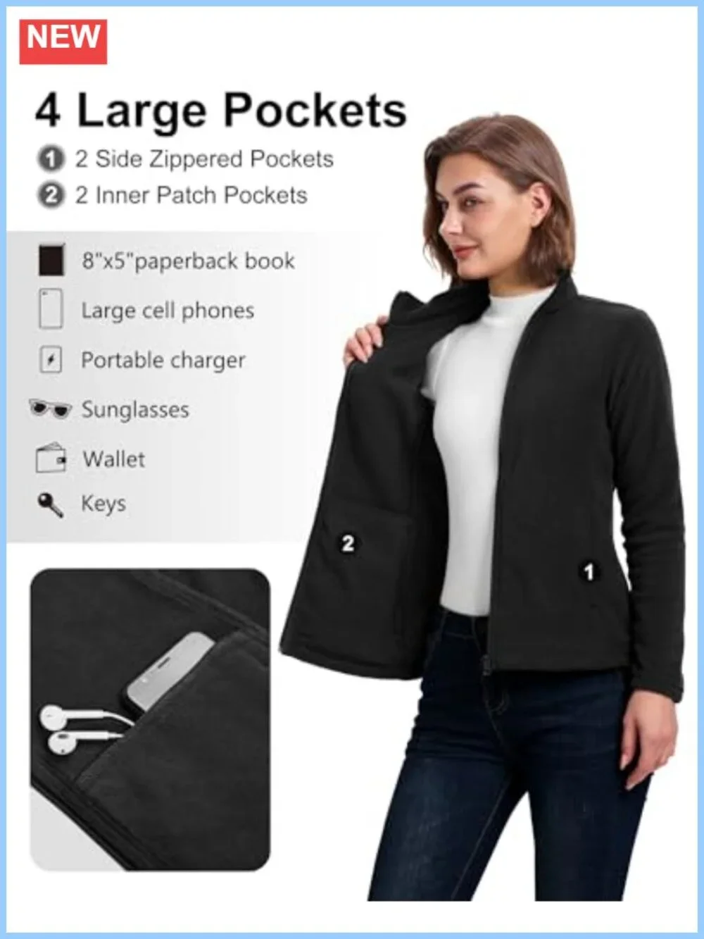Women's Polar Fleece Zip Up Jacket Lightweight Hiking Full Zip